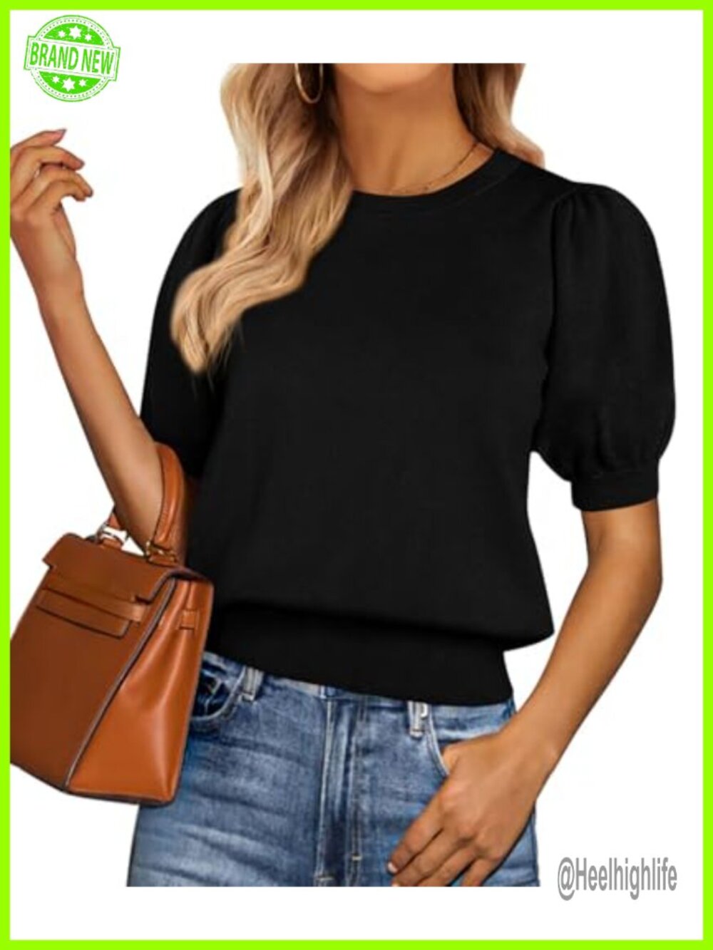 Puff Short Sleeve Sweater Soft Knit Crewneck Loose Fit Women's Pullover